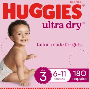 710NLvsqIeL._AC_SL1500_ Huggies Ultra Dry Nappies Girls Size 3 – 180 Count (6–11kg) One Month Supply