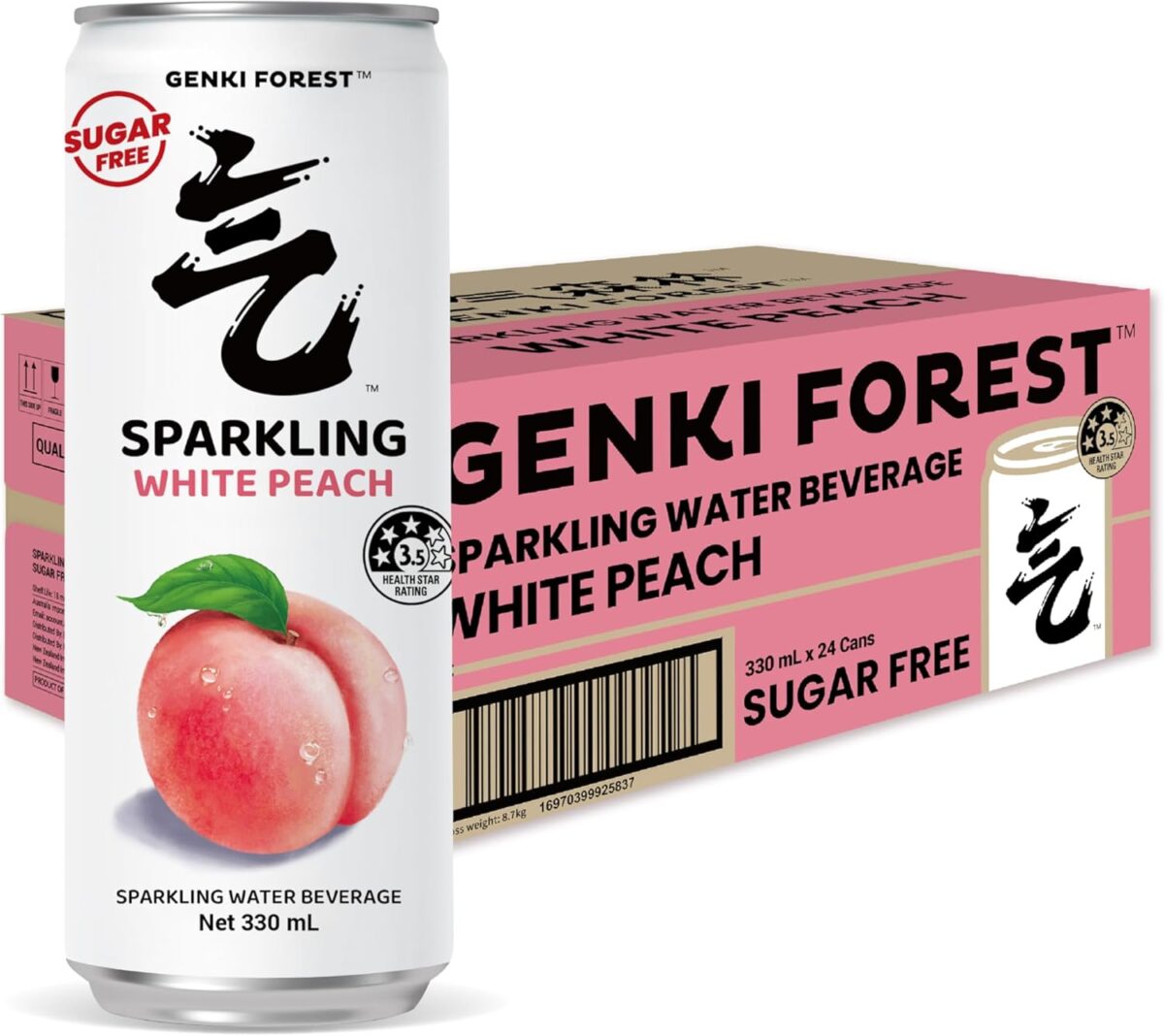 GENKI FOREST White Peach Sparkling Water Beverage, Zero Sugar Drinks, 330ml x 24 CANS [x2]