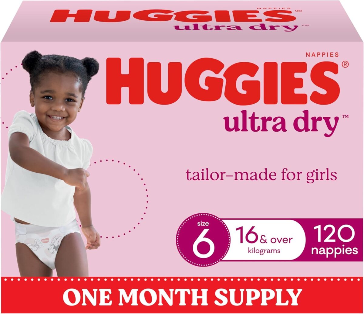 71POa79kH+L._AC_SL1500_ Huggies Ultra Dry Nappies Girls Size 6 – 120 Count (16+kg) One Month Supply