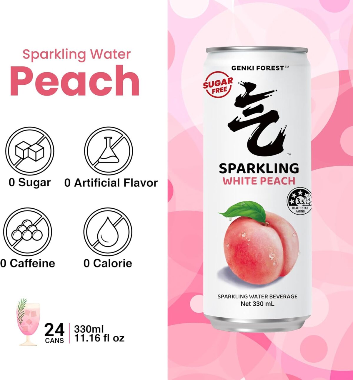 GENKI FOREST White Peach Sparkling Water Beverage, Zero Sugar Drinks, 330ml x 24 CANS [x2]