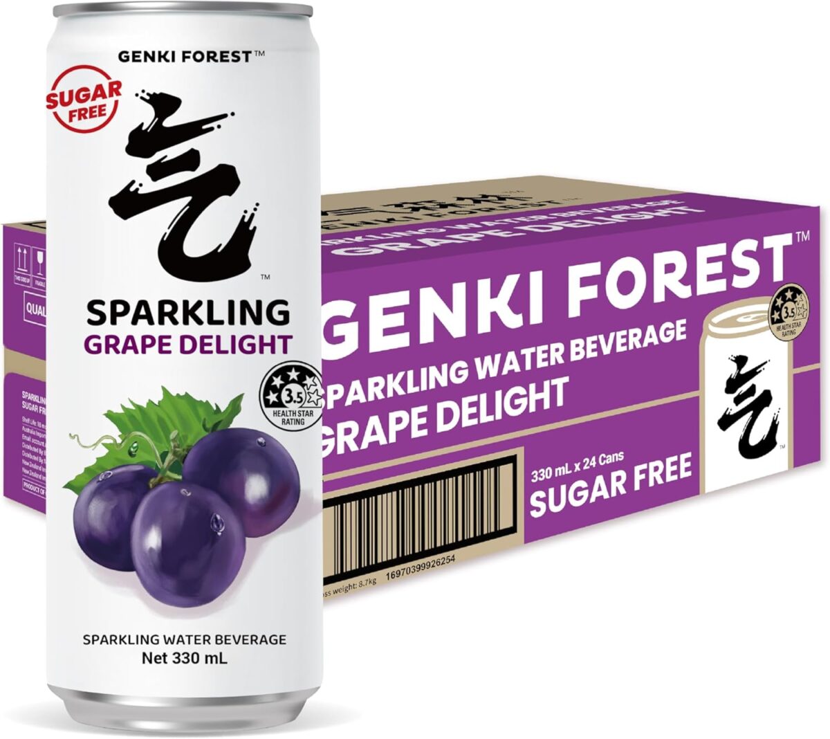 GENKI FOREST Grape Delight Sparkling Water Beverage, Zero Sugar Drinks, 330ml x 24 CANS [x2]