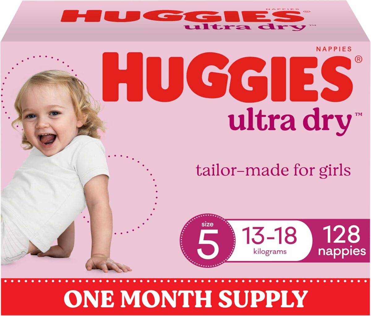 71i9RWppMSL._AC_SL1500_ Huggies Ultra Dry Nappies Girls Size 5 – 128 Count (13–18kg) One Month Supply