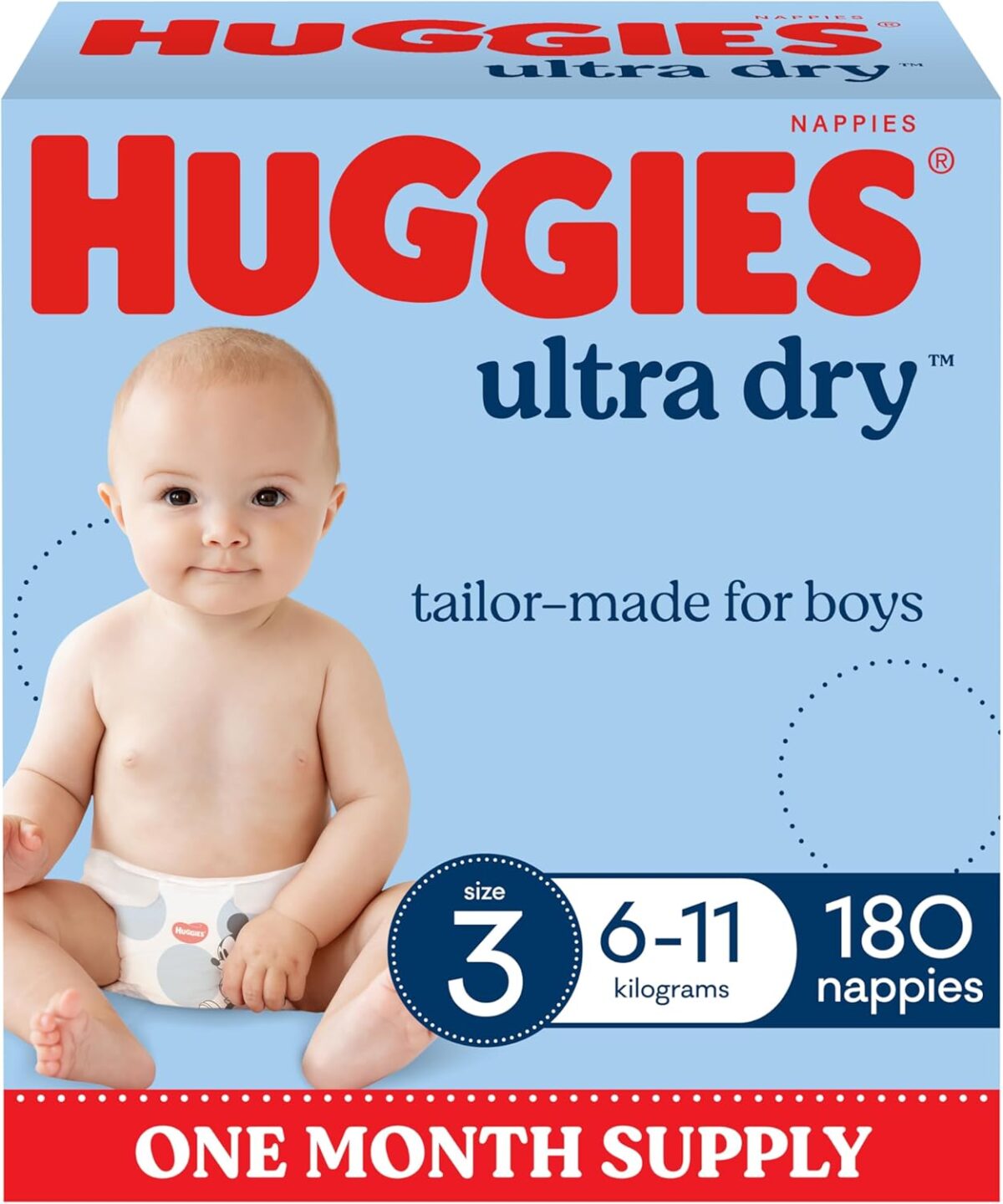 71nKN1CfspL._AC_SL1500_ Title Huggies Ultra Dry Nappies Boys Size 3 – 180 Count (6–11kg) One Month Supply