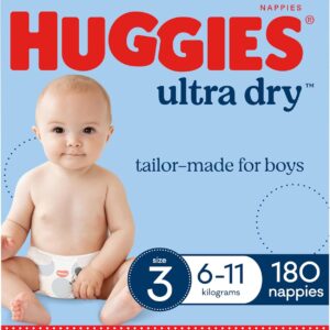 71nKN1CfspL._AC_SL1500_ Title Huggies Ultra Dry Nappies Boys Size 3 – 180 Count (6–11kg) One Month Supply