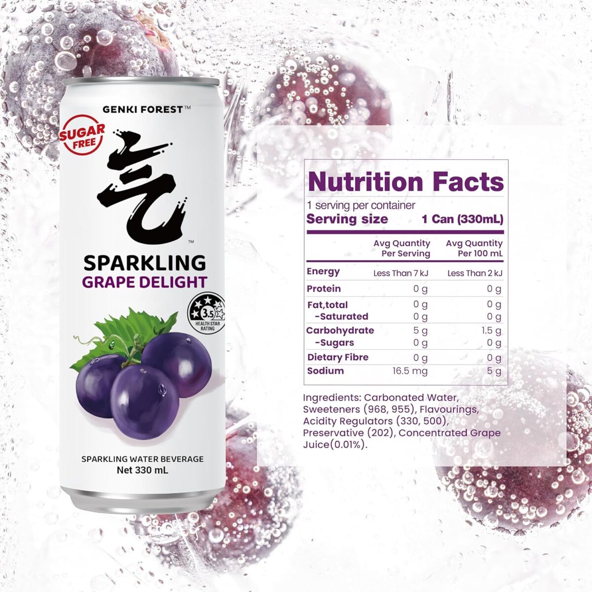 GENKI FOREST Grape Delight Sparkling Water Beverage, Zero Sugar Drinks, 330ml x 24 CANS [x2]