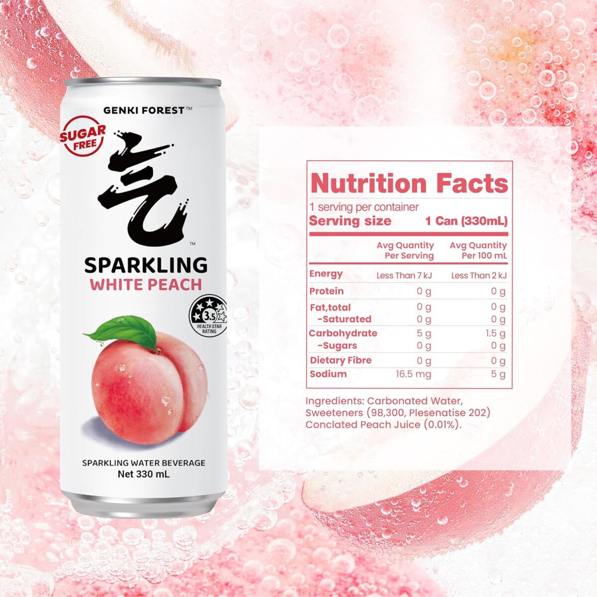 GENKI FOREST White Peach Sparkling Water Beverage, Zero Sugar Drinks, 330ml x 24 CANS [x2]