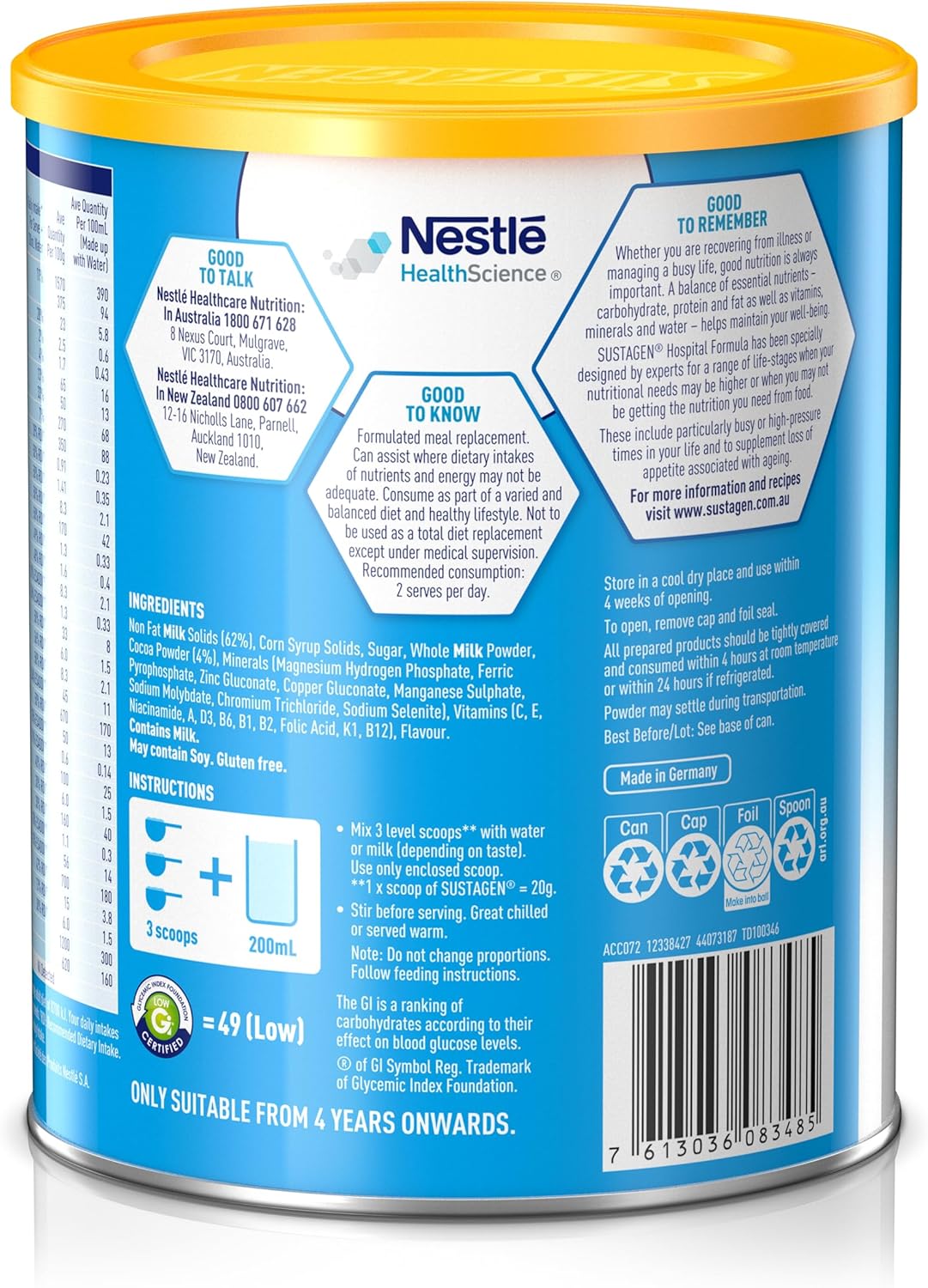 SUSTAGEN Hospital Formula High Protein Low GI Chocolate 840g [x3]