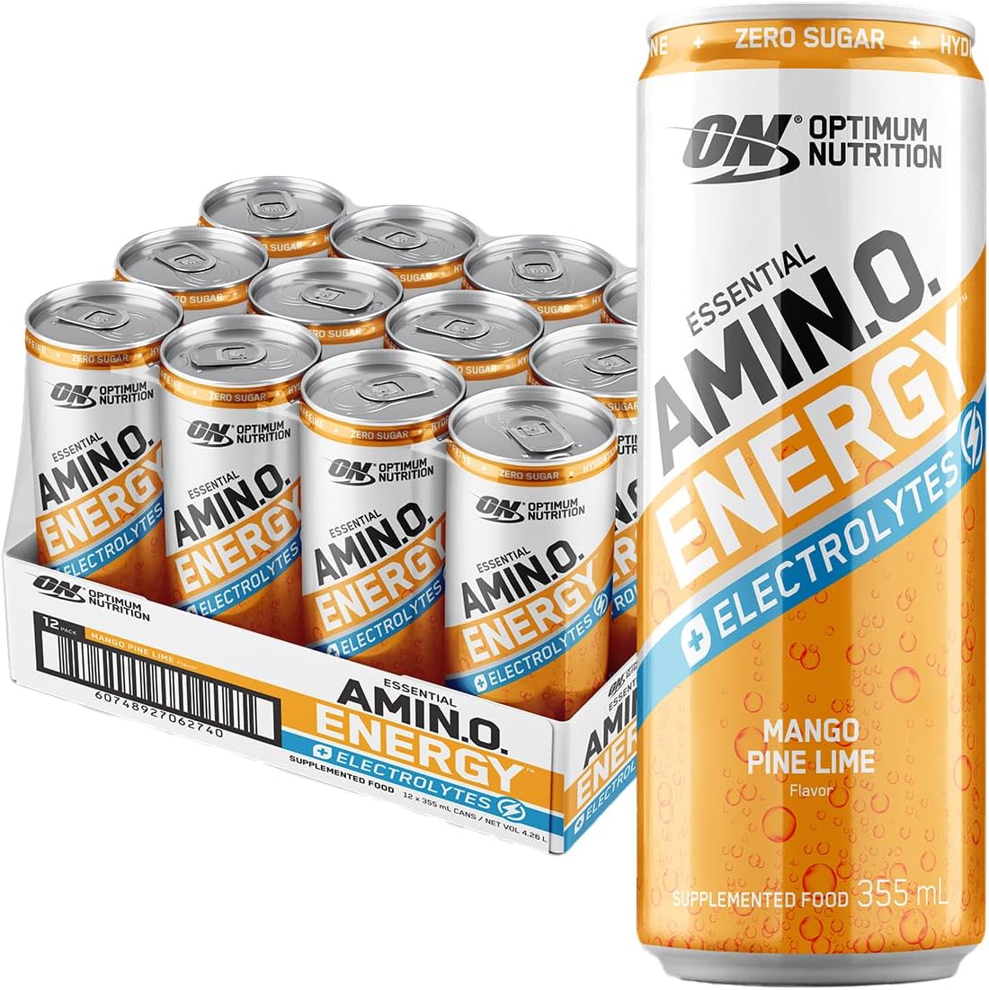 OPTIMUM NUTRITION Amino Energy + Electrolytes Sparkling Hydration Drink, Mango Pinelime, 12 Pack [x2]
