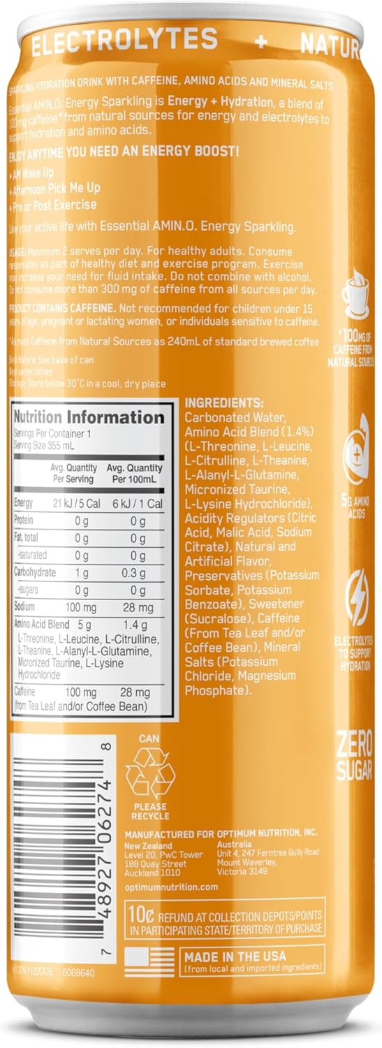 OPTIMUM NUTRITION Amino Energy + Electrolytes Sparkling Hydration Drink, Mango Pinelime, 12 Pack [x2]