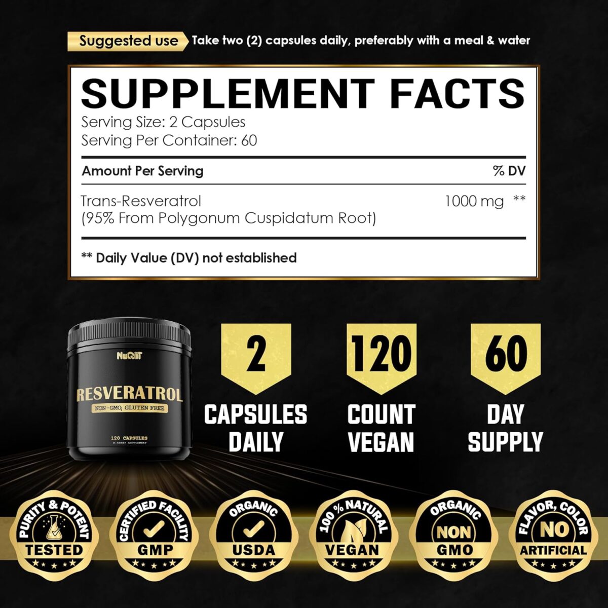 Resveratrol 1000mg Supplement, 120 Vegan Capsules [x2]