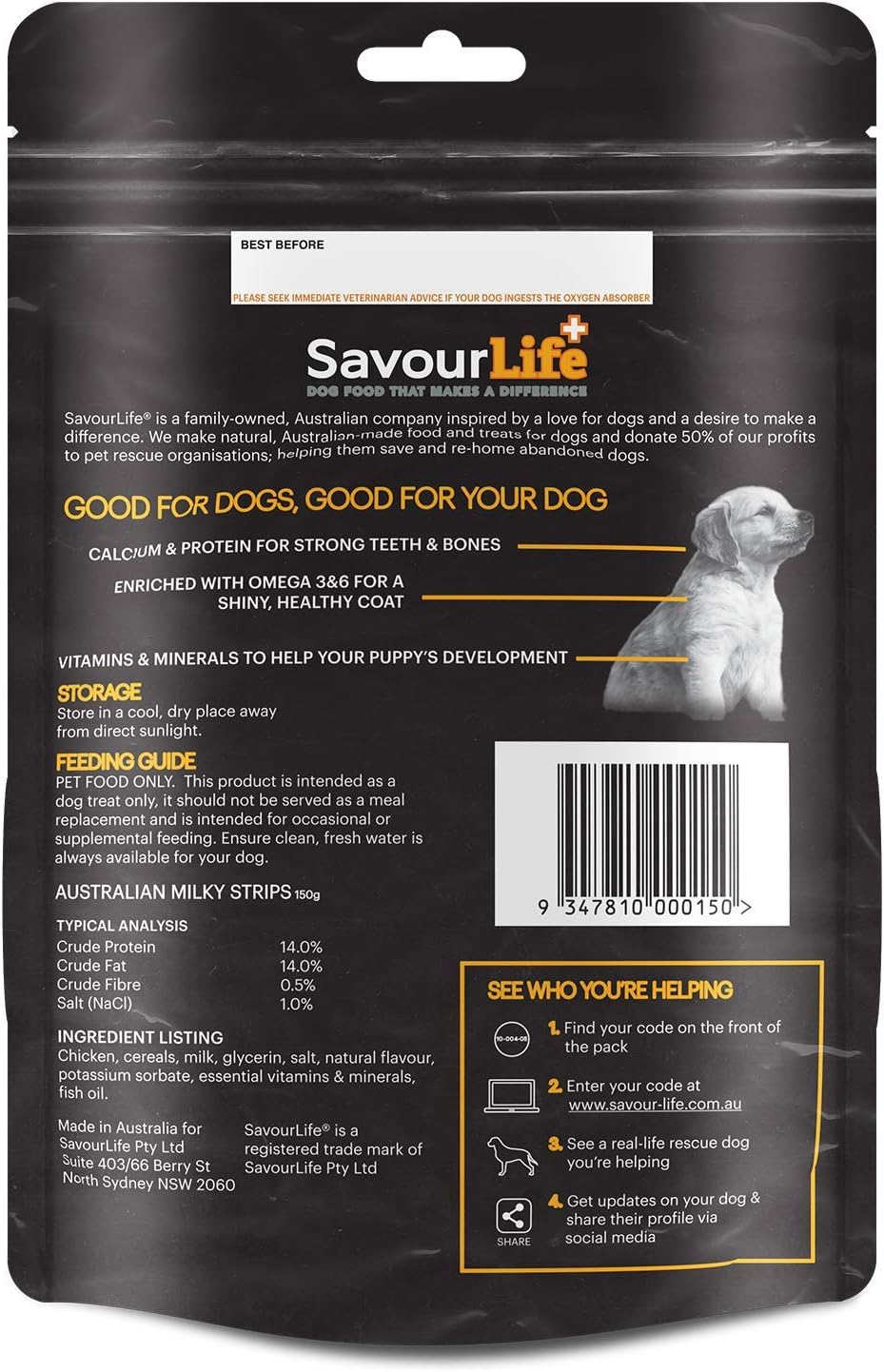 SavourLife Puppy Treats, Milky Strips - Australian Made, High Protein, 150g [x6]