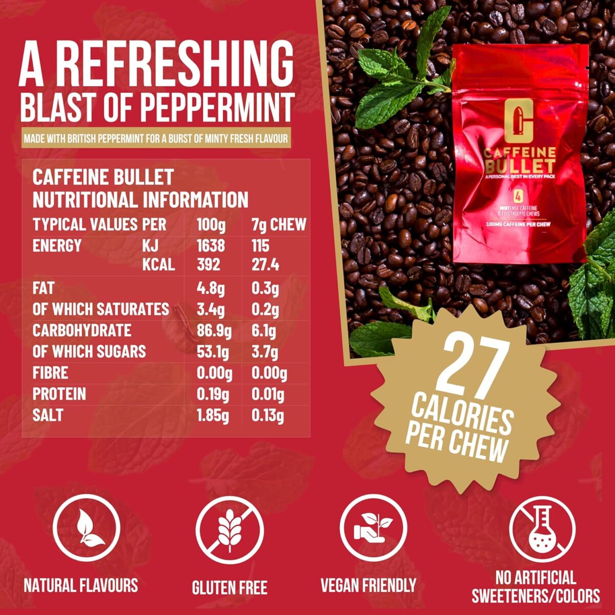 Caffeine Bullet Energy Gels Mint Chews 16 Pack [x3]