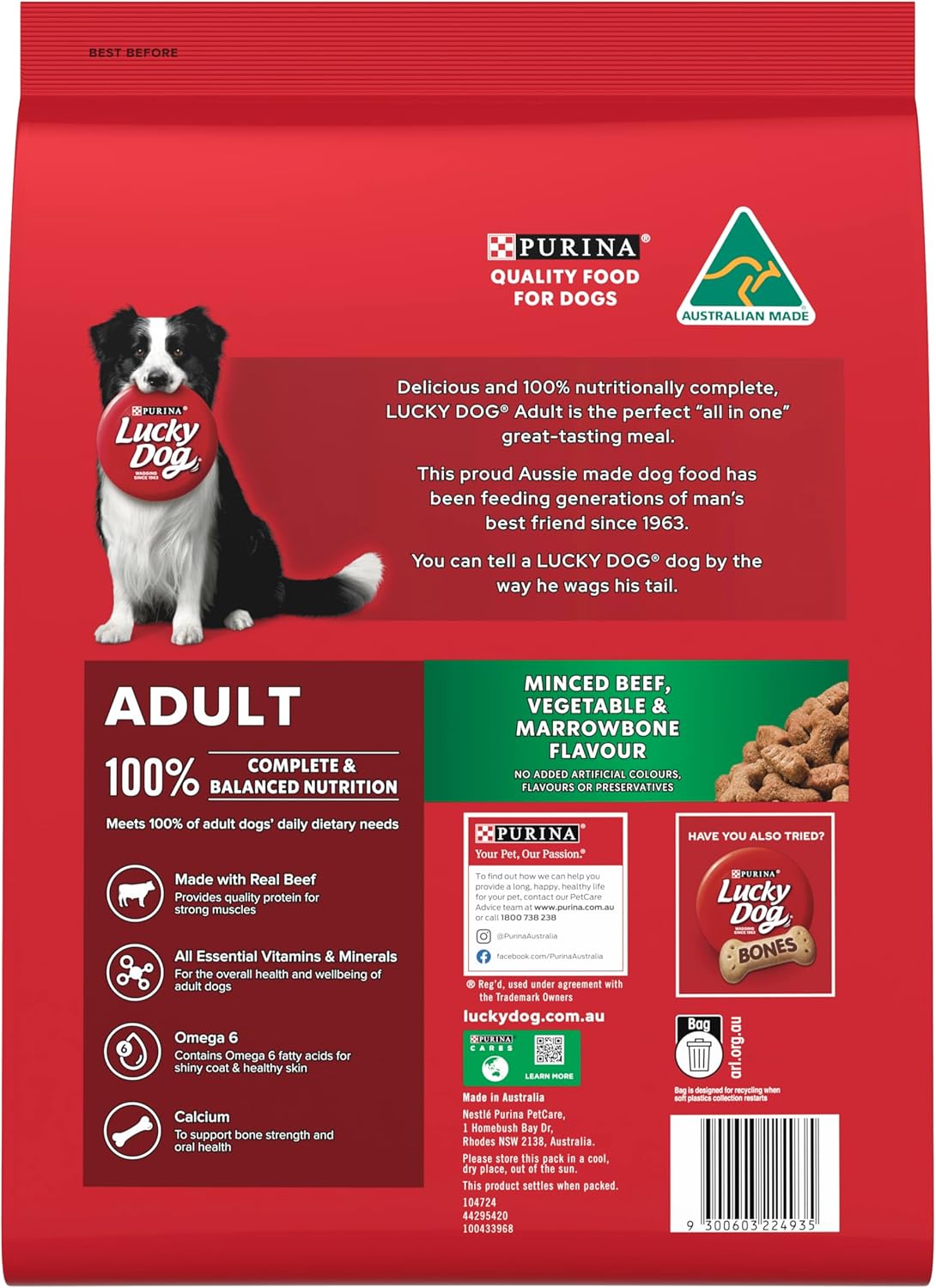 LUCKY DOG Adult Dry Dog Food Minced Beef Vegetable and Marrowbone 8kg [x3]