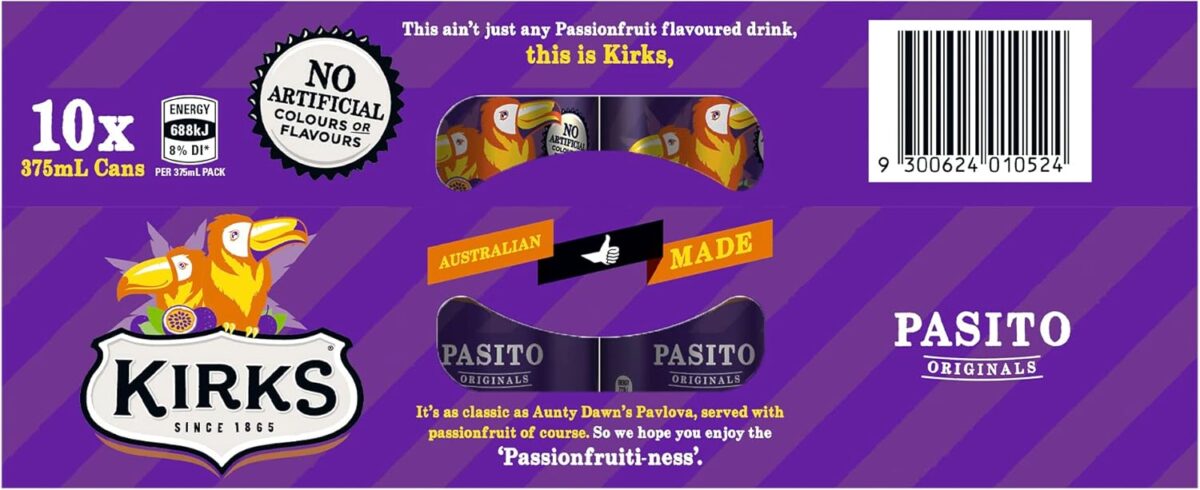 Kirks Pasito Passionfruit Soft Drink 10 x 375mL [x4]