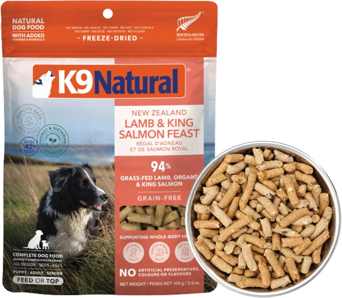 K9 Natural - Grain Free Freeze Dried Dog Food Topper - Lamb & Salmon,100g [x4]