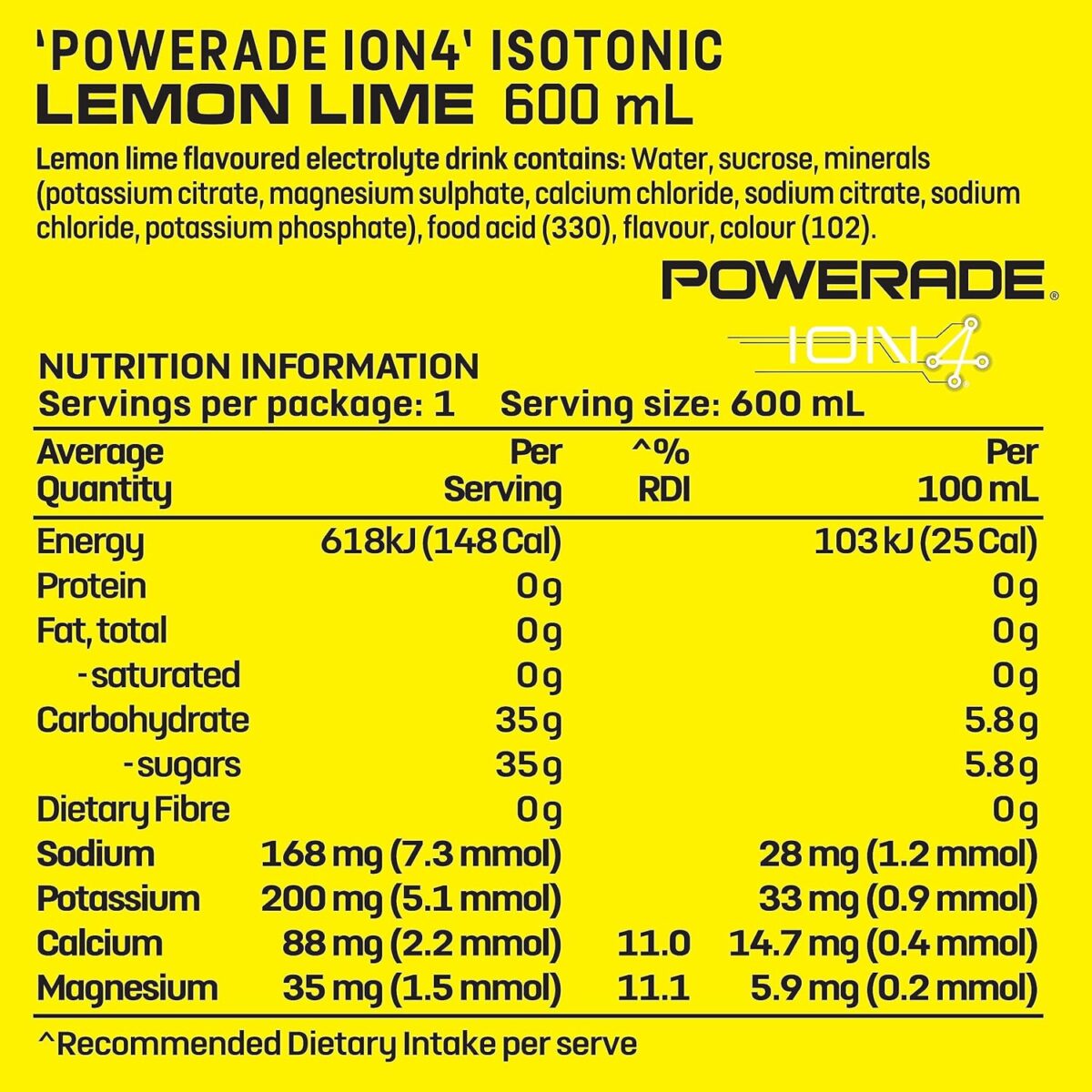 Powerade ION4 Lemon Lime Sports Drink Sipper Cap Multipack Bottles 12 x 600mL [x2]