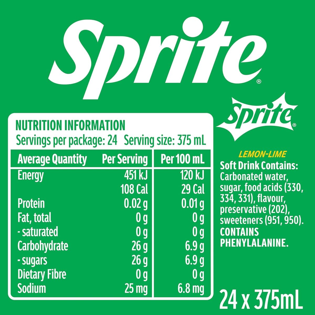 Sprite Lemonade Soft Drink Multipack Cans 24 x 375mL [x3]