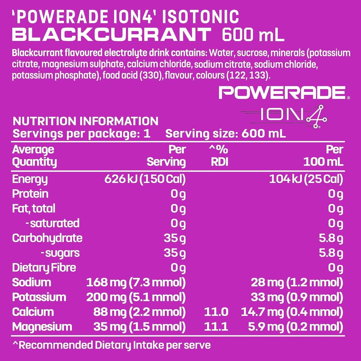 Powerade ION4 Blackcurrant Sports Drink Sipper Cap 12 x 600mL [x2]