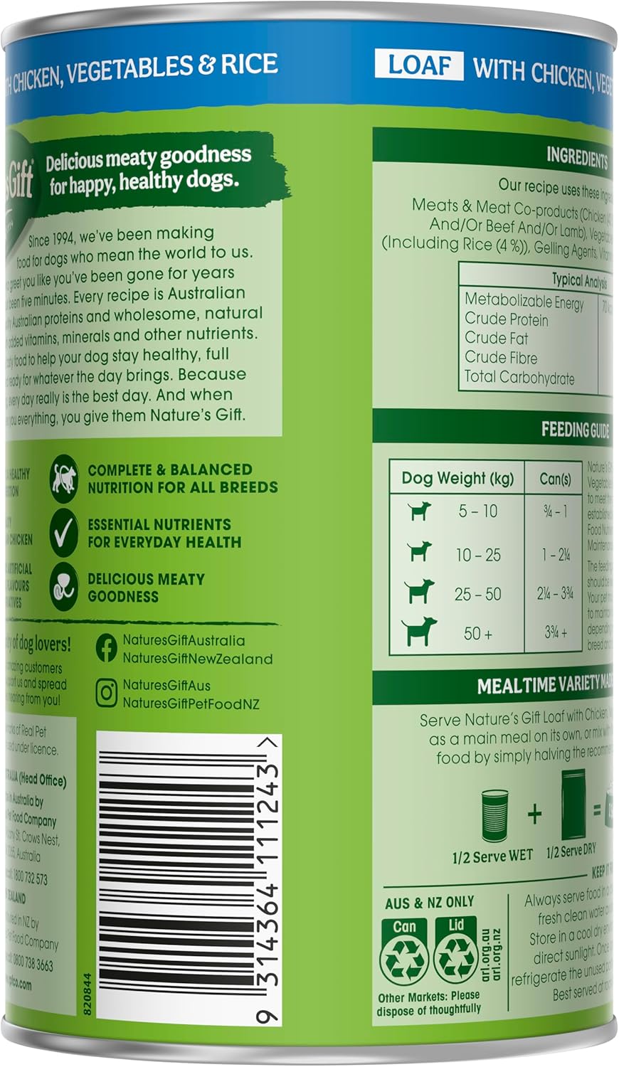 Nature's Gift Adult Wet Dog Food Loaf with Chicken, Rice & Vegetables 12x700g [x3]