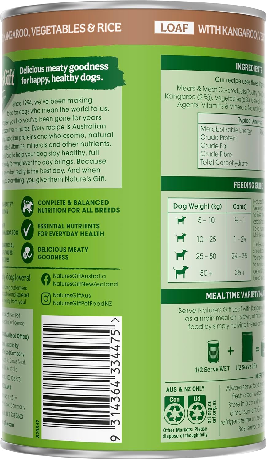 Nature's Gift Adult Wet Dog Food Loaf with Kangaroo & Rice 12x700g [x2]
