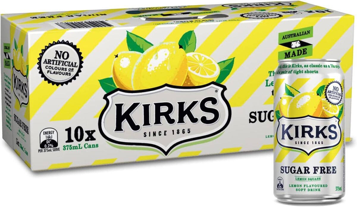 Kirks Sugar Free Lemon Squash Soft Drink Cans 10 x 375mL [x7]