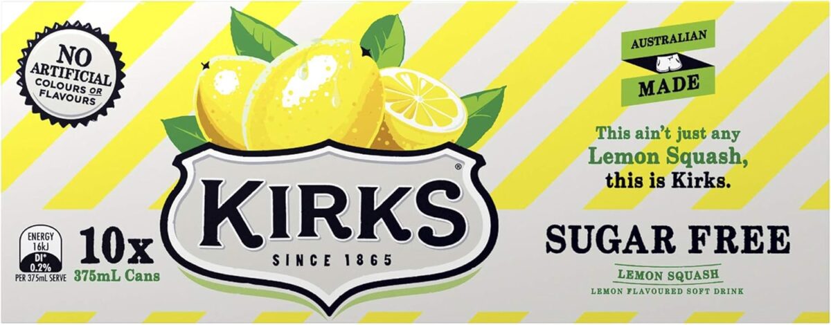 Kirks Sugar Free Lemon Squash Soft Drink Cans 10 x 375mL [x7]