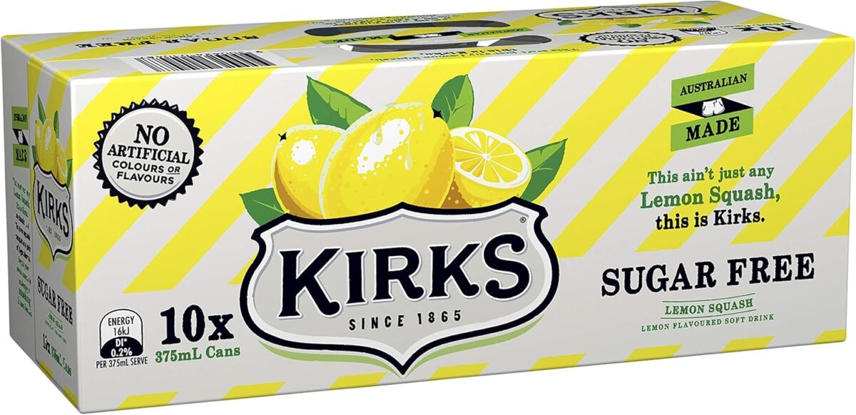 Kirks Sugar Free Lemon Squash Soft Drink Cans 10 x 375mL [x7]