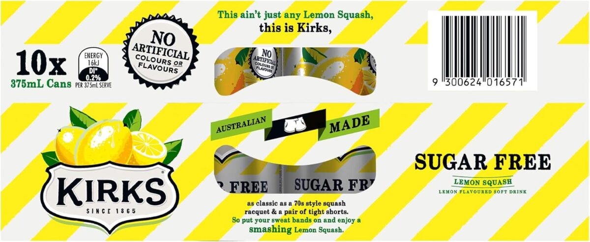 Kirks Sugar Free Lemon Squash Soft Drink Cans 10 x 375mL [x7]