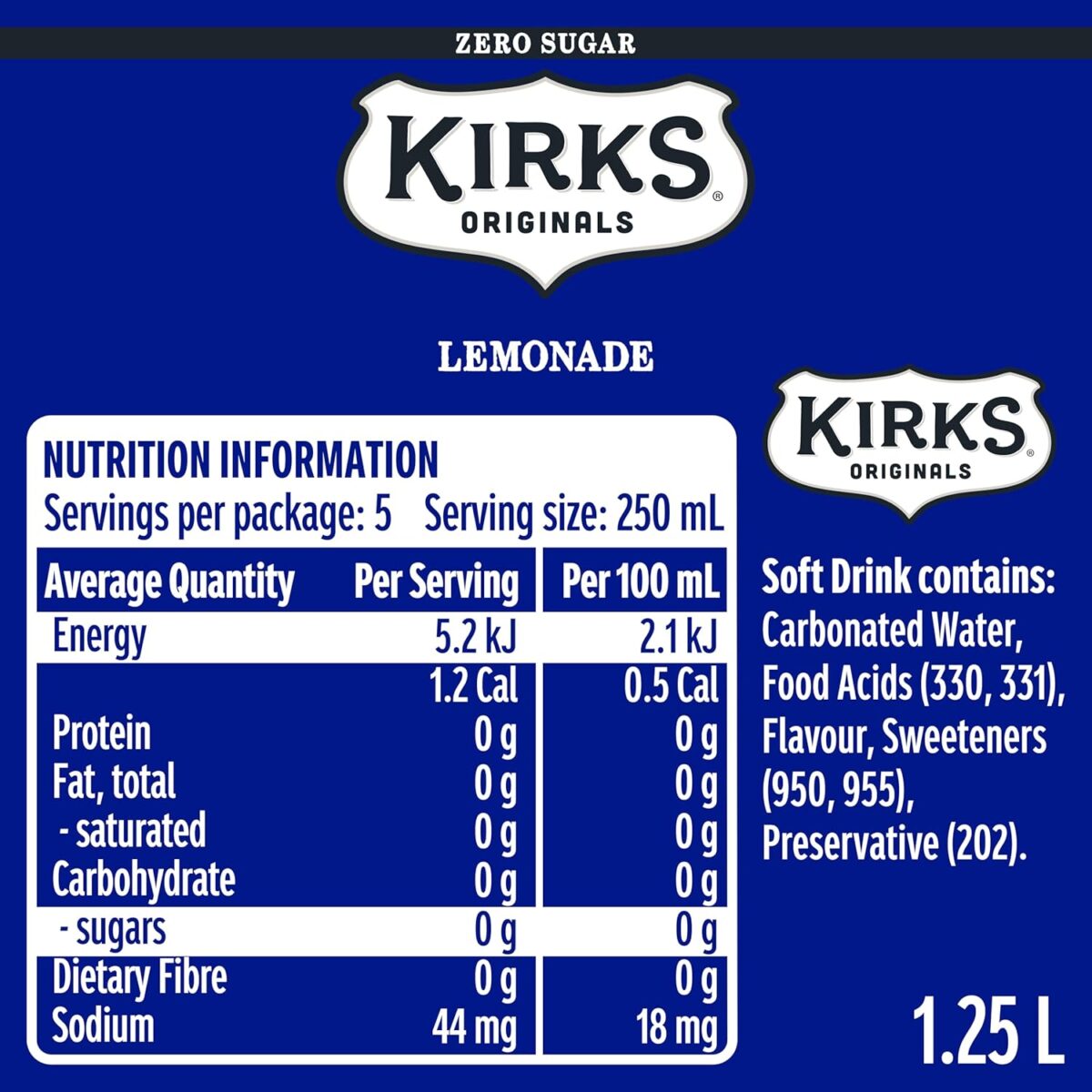 Kirks Sugar Free Lemonade 12 x 1.25L [x3]
