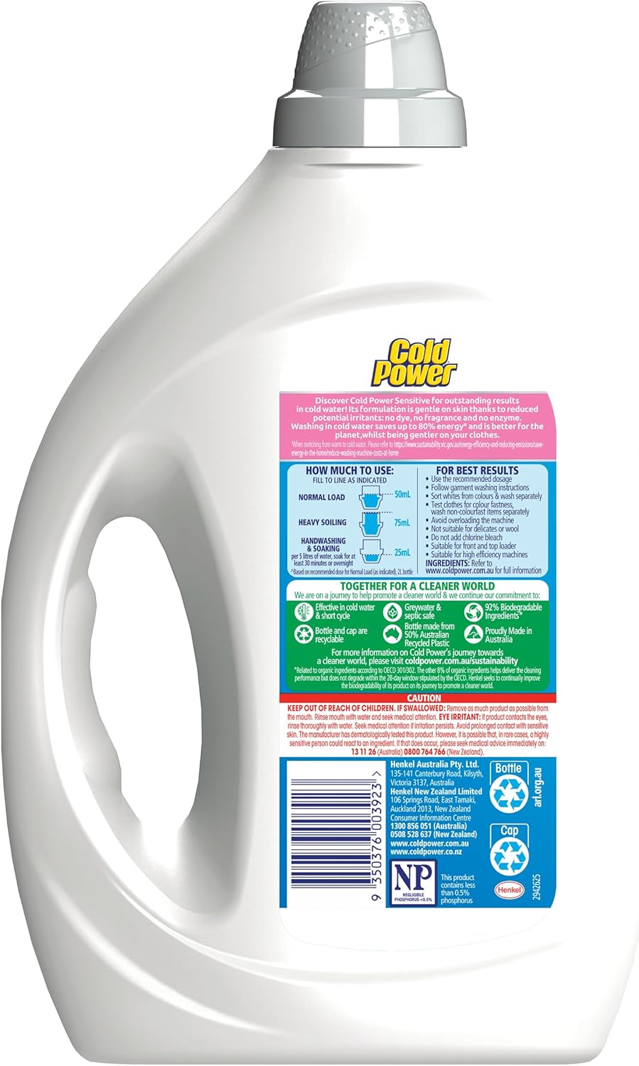 Cold Power Sensitive Pure Clean Washing Liquid Laundry Detergent 2 Litre [x5]