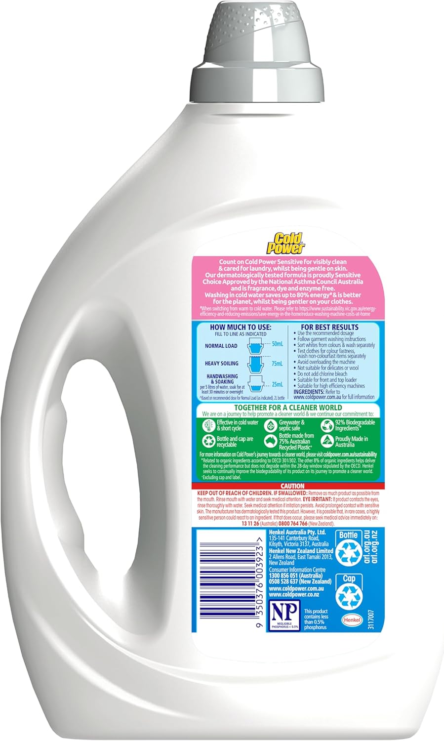 Cold Power Sensitive Pure Clean Washing Liquid Laundry Detergent 2 Litre [x5]