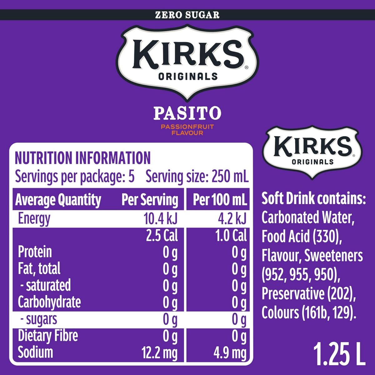 Kirks Pasito Zero Sugar Soft Drink 12 x 1.25L [x3]