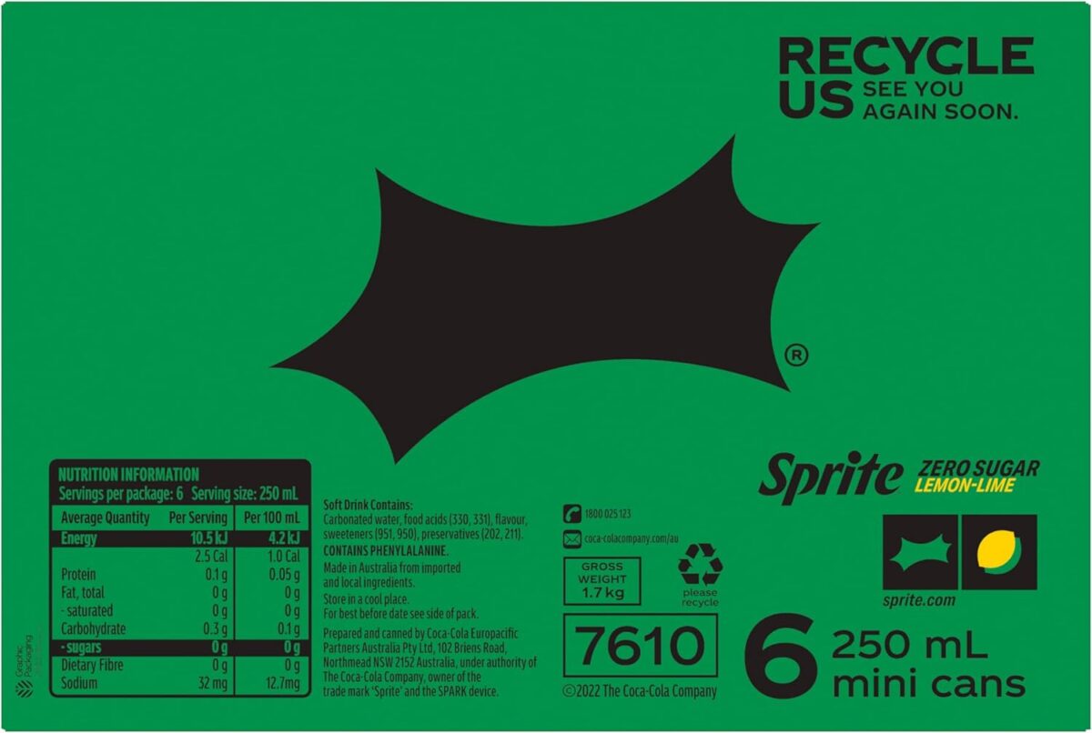 Sprite Zero Sugar Lemonade Soft Drink 6 x 250mL [x10]