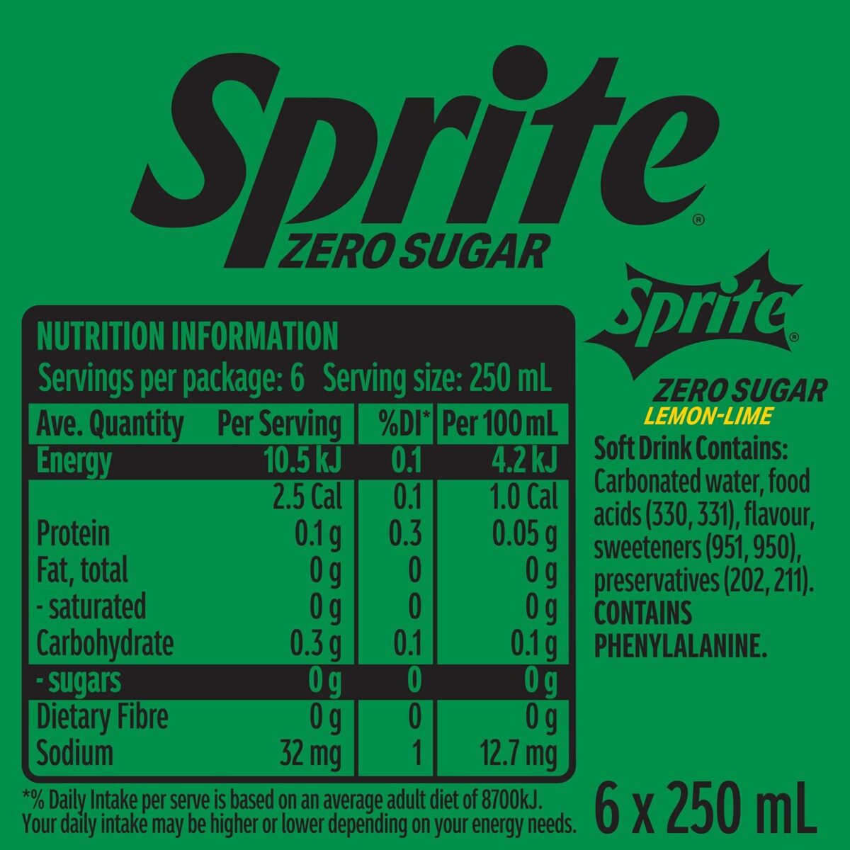 Sprite Zero Sugar Lemonade Soft Drink 6 x 250mL [x10]