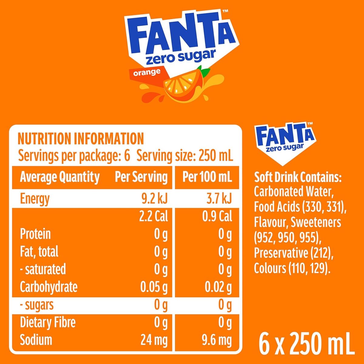 Fanta Orange Zero Sugar Soft Drink Mini Cans 6 x 250mL [x10]
