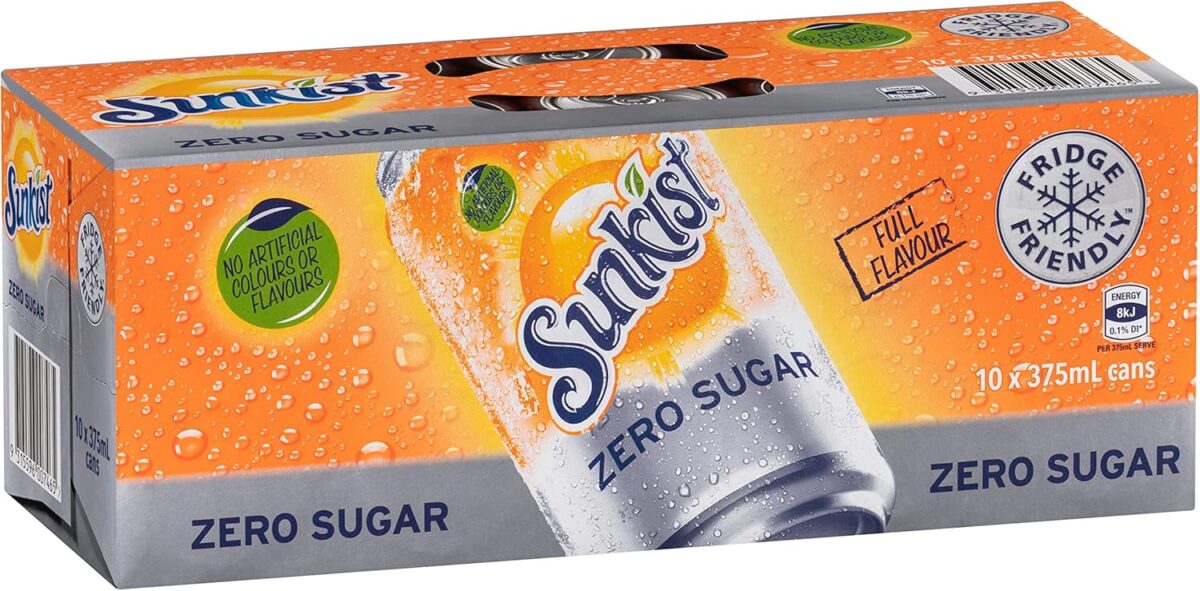 Sunkist Zero Sugar Soft Drink Can 375 ml Pack of 10 [x6]