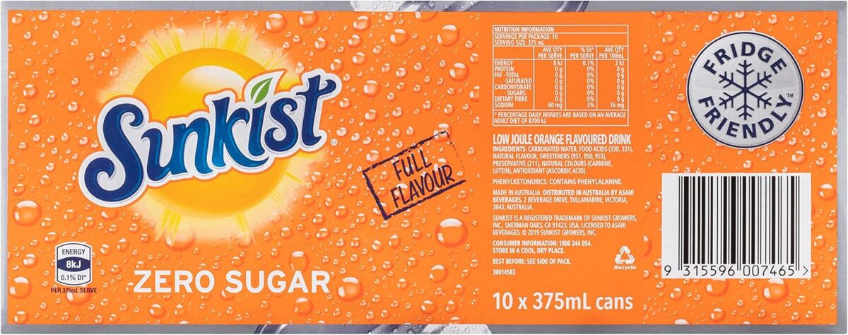 Sunkist Zero Sugar Soft Drink Can 375 ml Pack of 10 [x6]