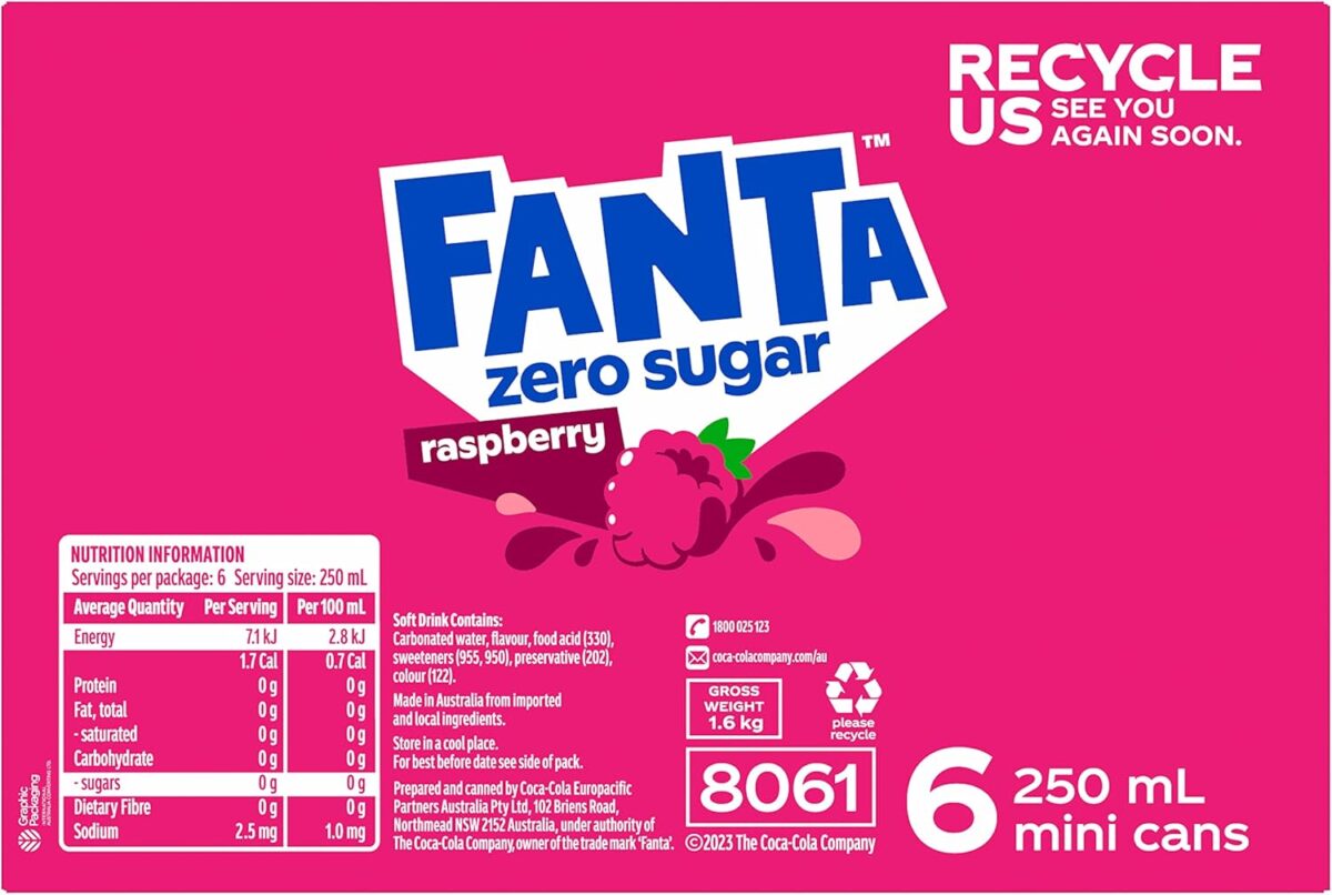 Fanta Raspberry Zero Sugar Soft Drink 6 x 250mL [x10]