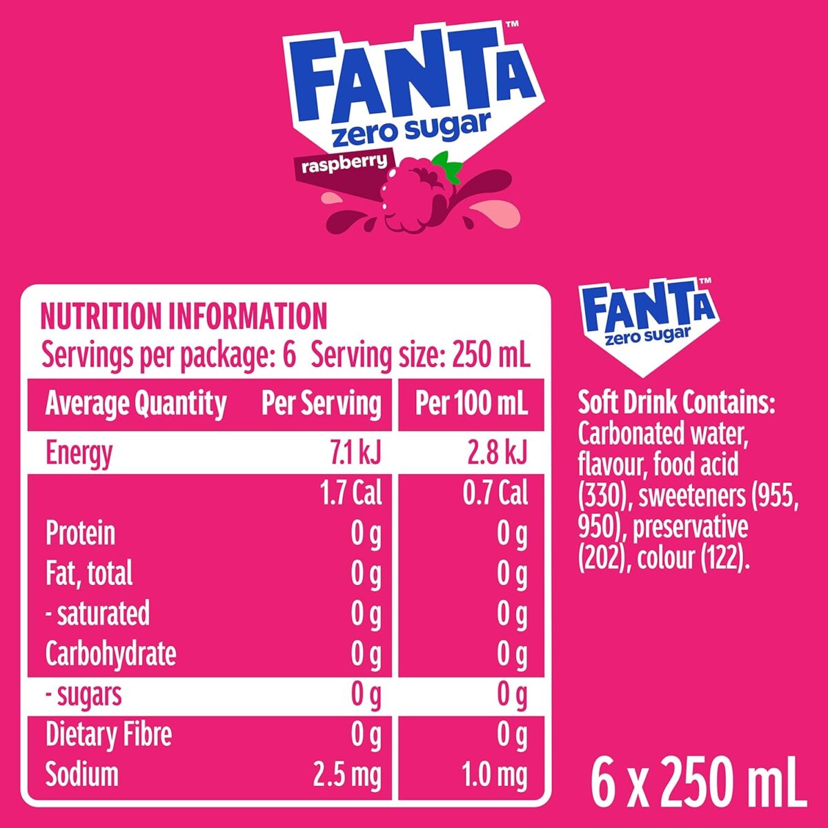 Fanta Raspberry Zero Sugar Soft Drink 6 x 250mL [x10]