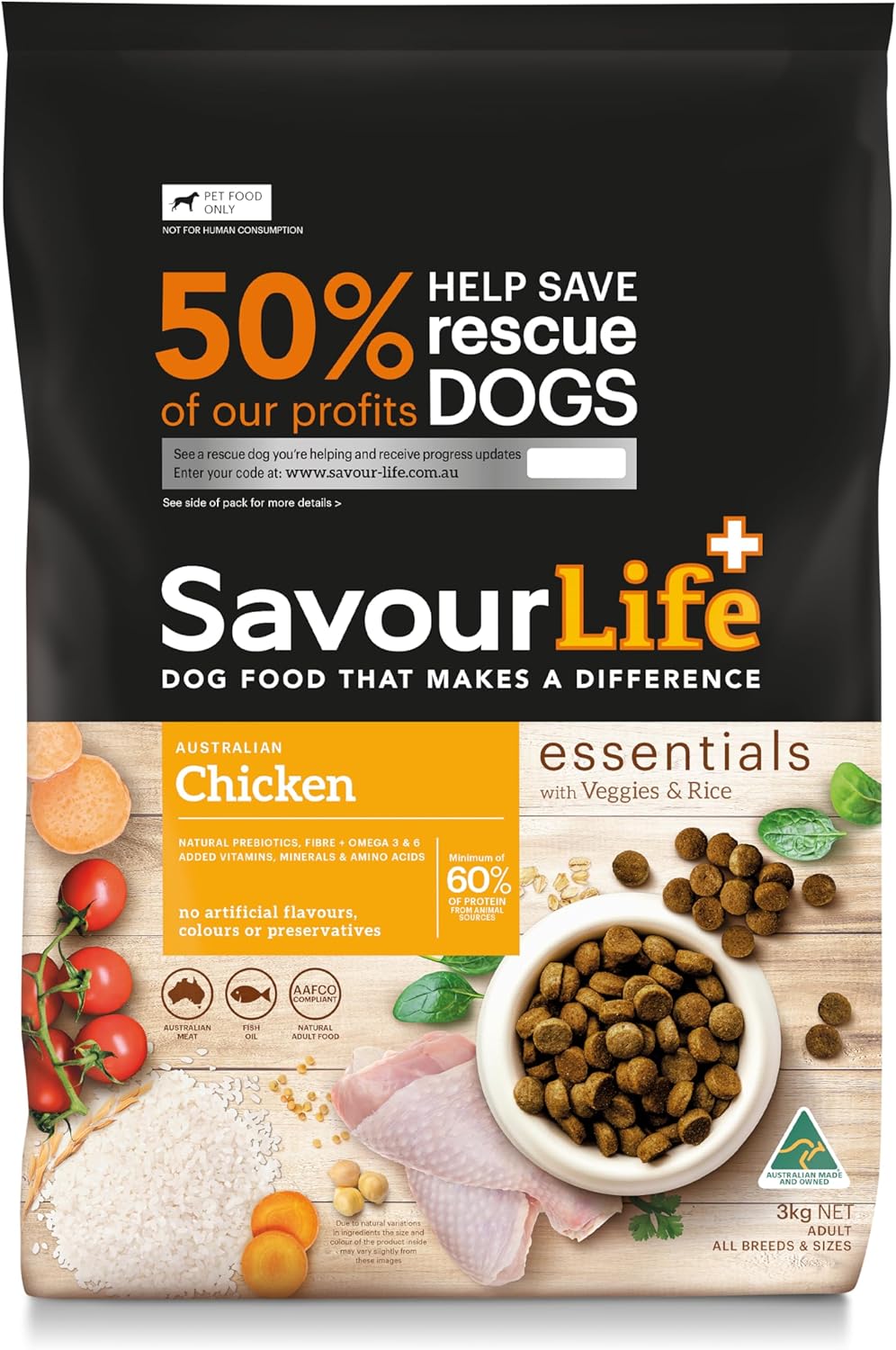SavourLife Essentials Dog Food, Australian Chicken Veggies & Rice, 3kg [x2]