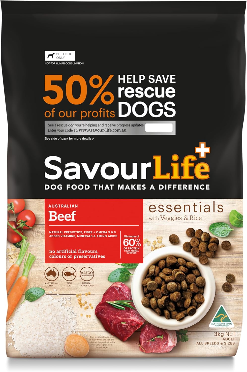 SavourLife Essentials Dog Food, Australian Beef Veggies & Rice, 3kg [x3]