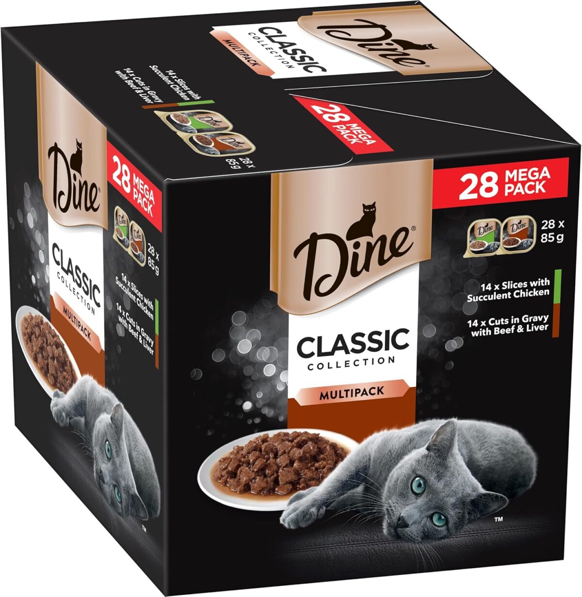 DINE Mixed Multipack Wet Cat Food, Succulent Chicken, Beef & Liver Tray 85g, 28 Pack [x2]