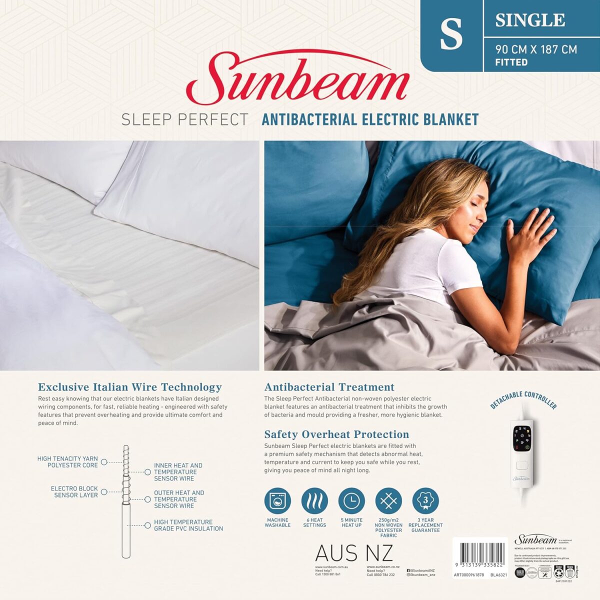 Sunbeam Sleep Perfect Antibacterial Electric Blanket Single Sunbeam Sleep Perfect Antibacterial Electric Blanket Single