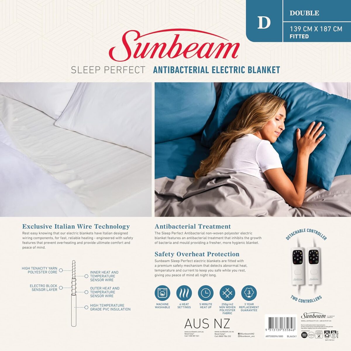 Sunbeam Sleep Perfect Antibacterial Electric Blanket Double Bed Dual Controls Sunbeam Sleep Perfect Antibacterial Electric Blanket Double Bed Dual Controls
