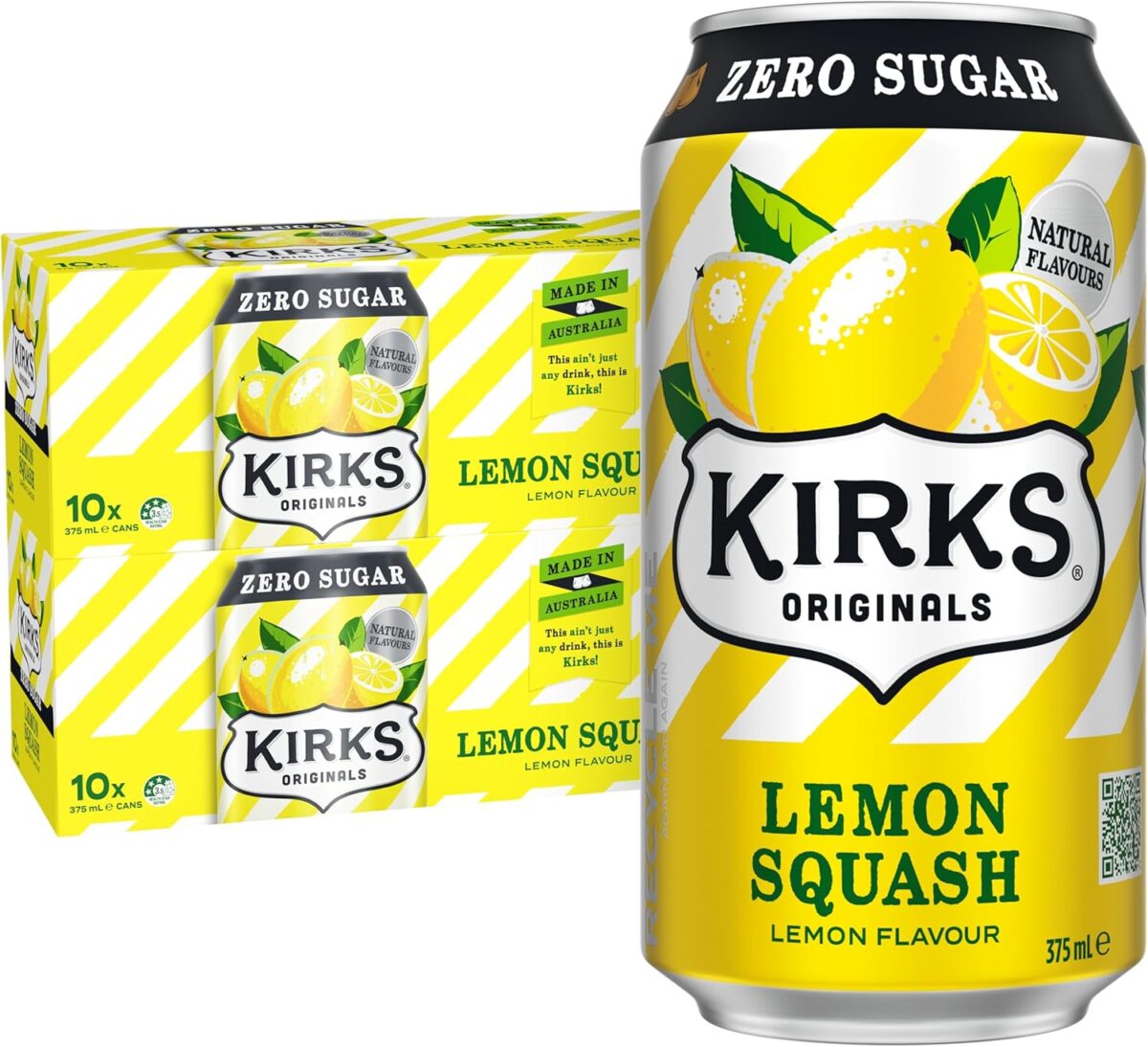 Kirks Lemon Squash Zero Sugar Soft Drink 20 x 375mL Cans [x4]