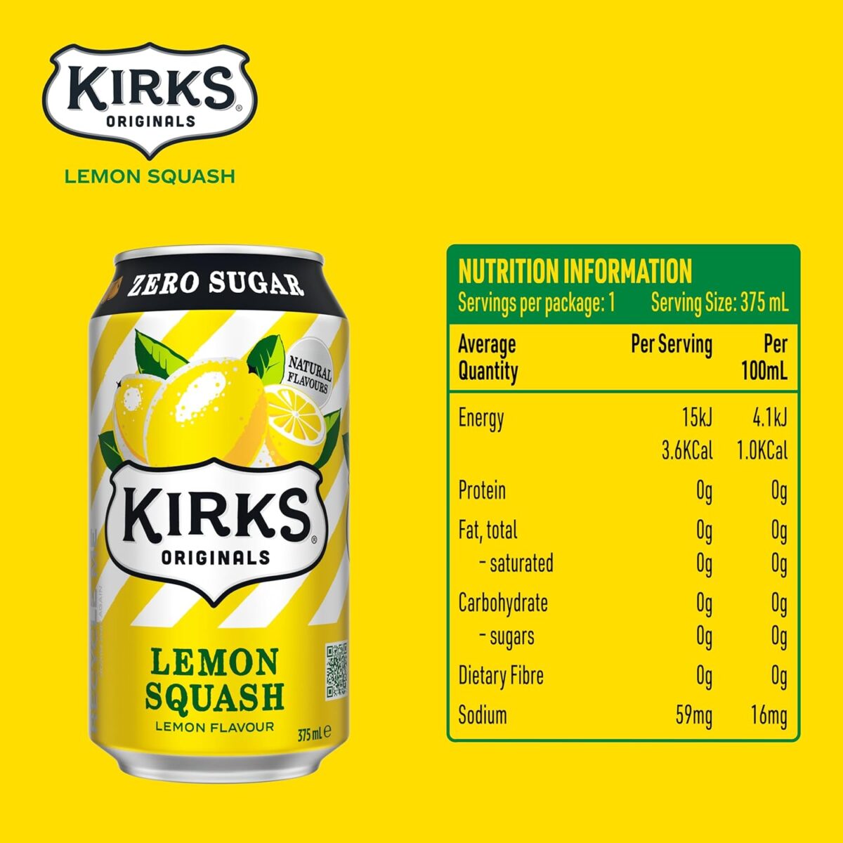 Kirks Lemon Squash Zero Sugar Soft Drink 20 x 375mL Cans [x4]