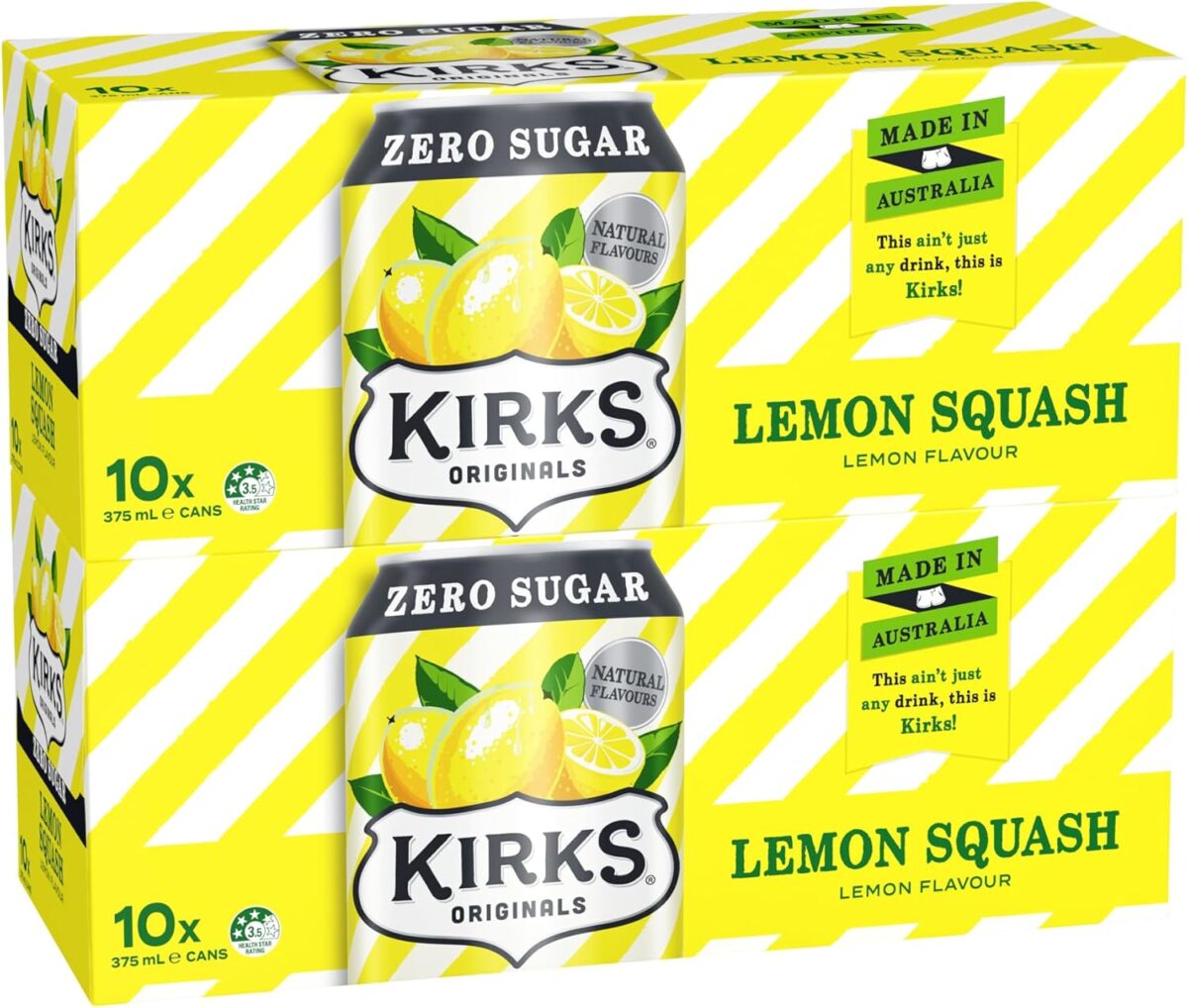 Kirks Lemon Squash Zero Sugar Soft Drink 20 x 375mL Cans [x4]