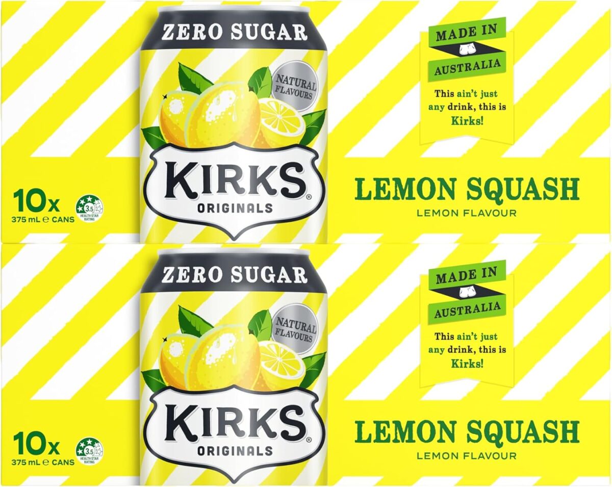 Kirks Lemon Squash Zero Sugar Soft Drink 20 x 375mL Cans [x4]