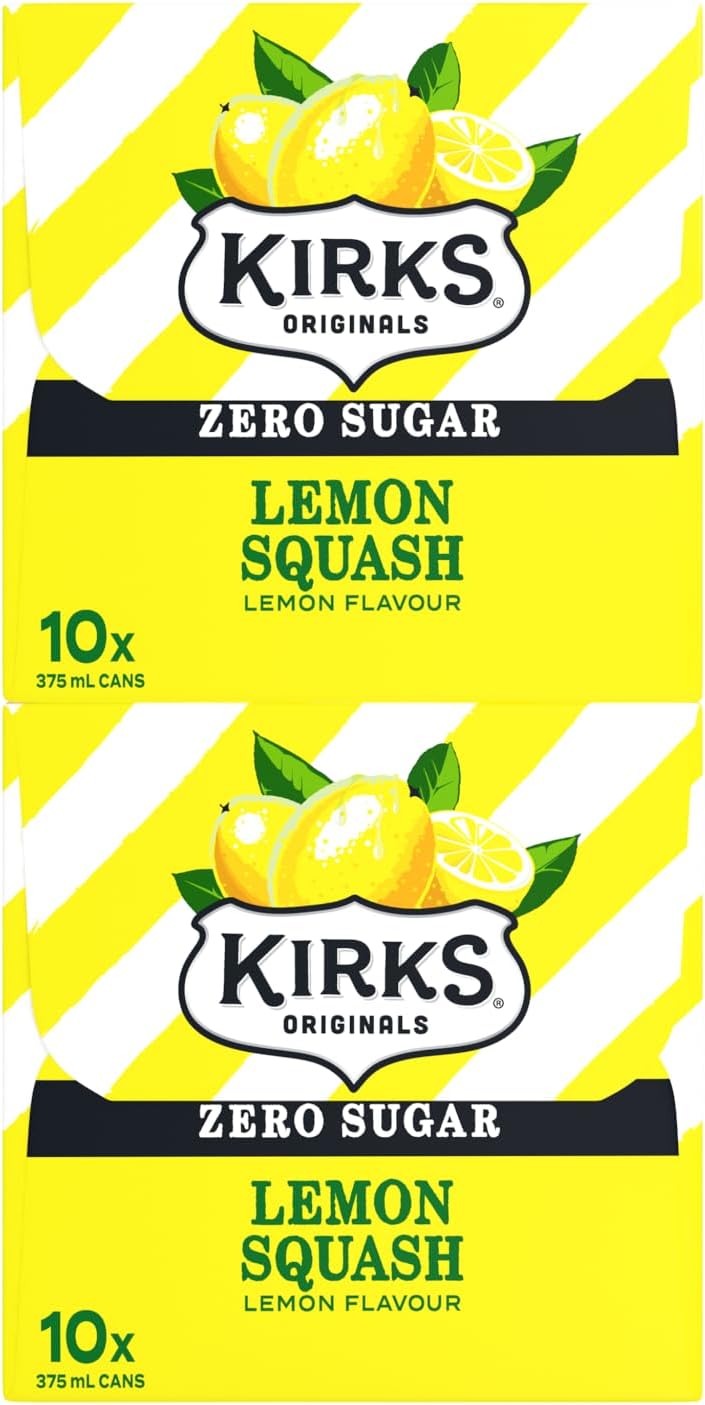 Kirks Lemon Squash Zero Sugar Soft Drink 20 x 375mL Cans [x4]