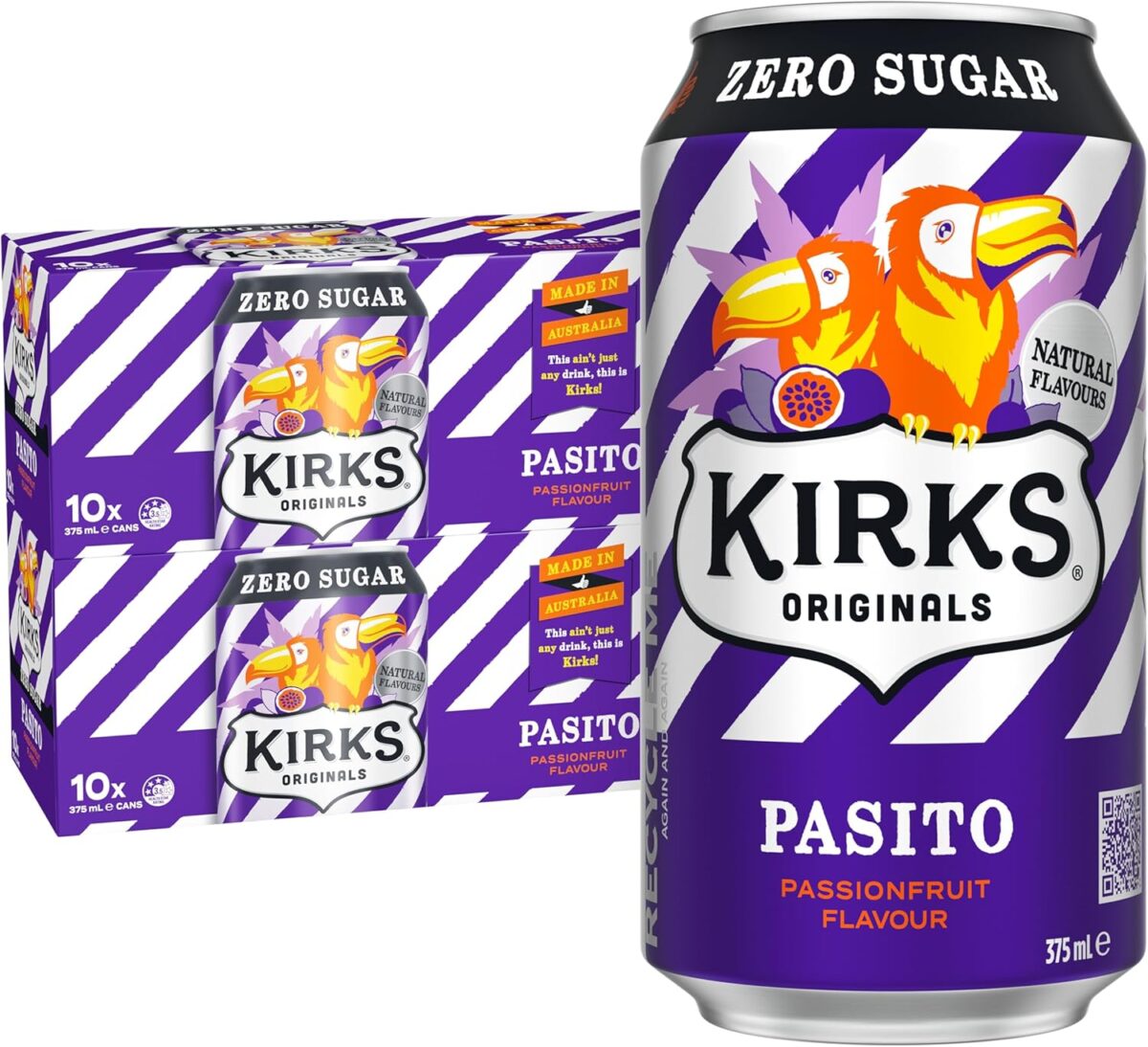 Kirks Pasito Zero Sugar Soft Drink Cans 20 x 375mL [x4]